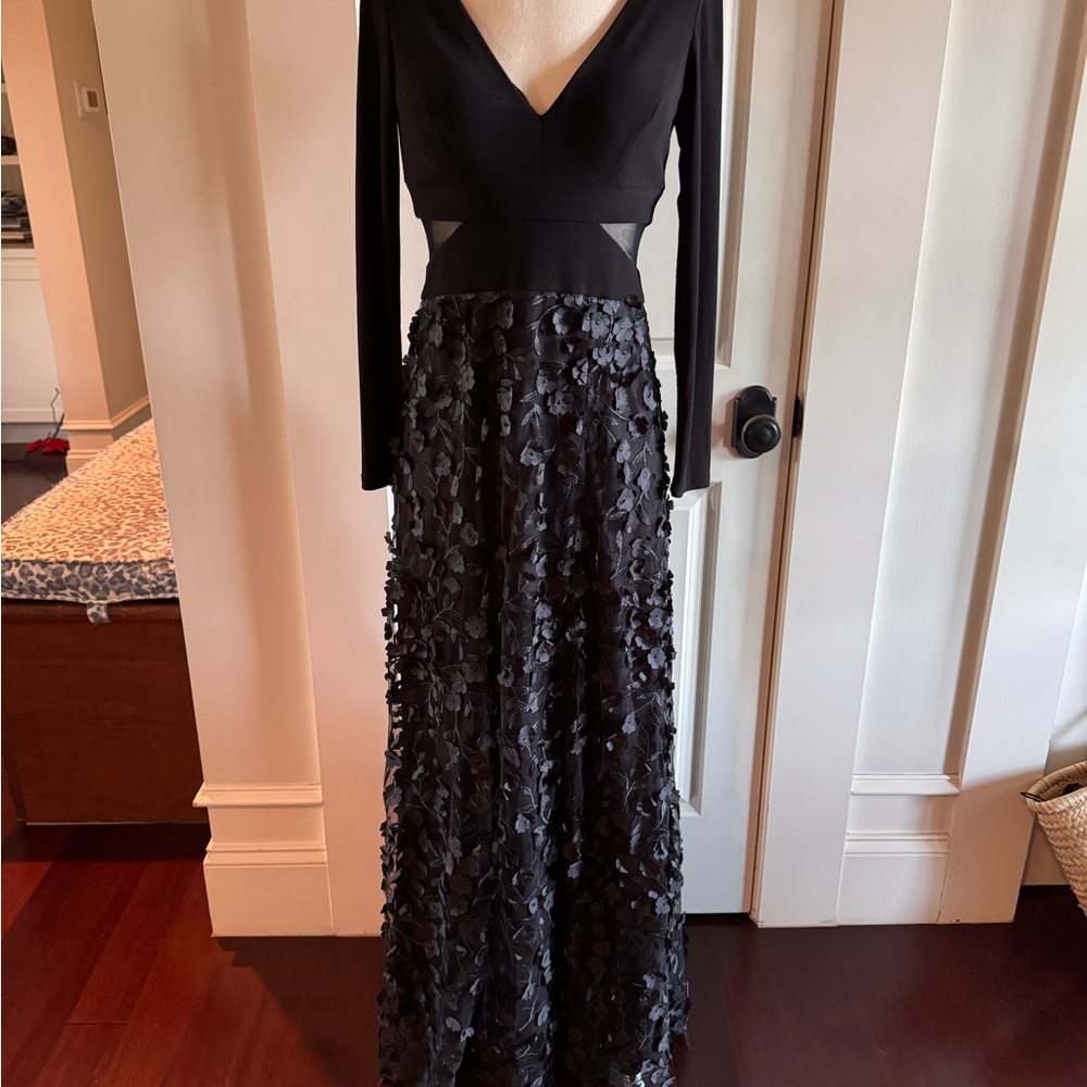 Xscape Black Long Sleeve Gown with Floral Details